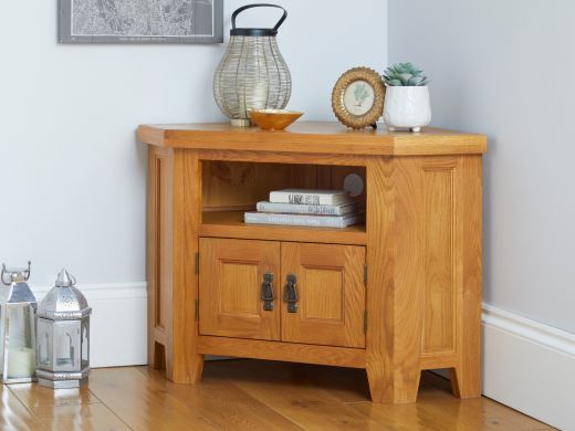 Country Oak 2 Door Corner TV Unit with Shelf