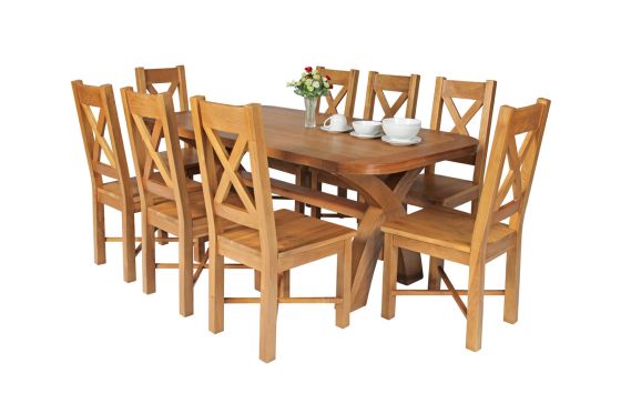 Country Oak 180cm Cross Leg Fixed Oval Table and 8 Grasmere Timber Seat Chairs