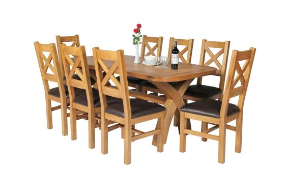 Country Oak 180cm Cross Leg Fixed Oval Table and 8 Windermere Brown Leather Chairs