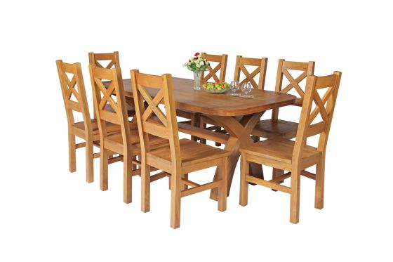 Country Oak 180cm Cross Leg Fixed Oval Table and 8 Windermere Timber Seat Chairs