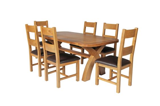 Country Oak 180cm Cross Leg Fixed Oval Table and 6 Chester Brown Leather Chairs