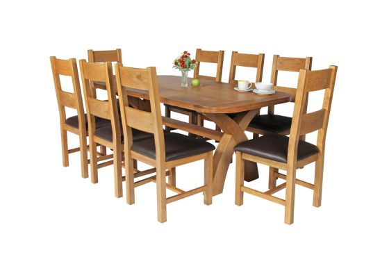 Country Oak 180cm Cross Leg Fixed Oval Table and 8 Chester Brown Leather Chairs