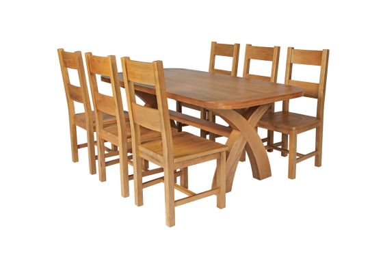 Country Oak 180cm Cross Leg Fixed Oval Table and 6 Chester Timber Seat Chairs