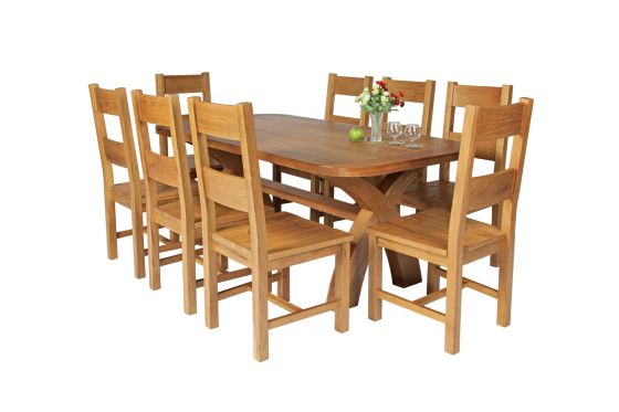 Country Oak 180cm Cross Leg Fixed Oval Table and 8 Chester Timber Seat Chairs