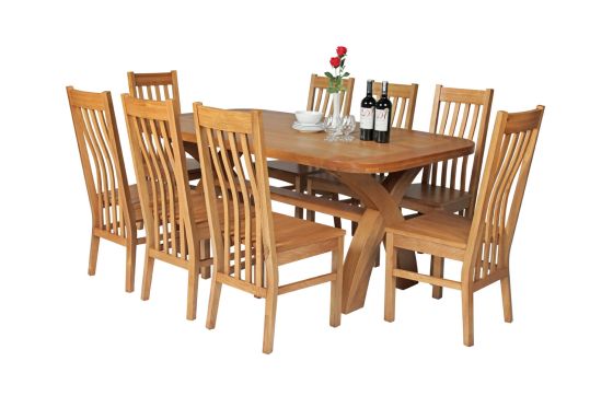 Country Oak 180cm Cross Leg Fixed Oval Table and 8 Chelsea Timber Seat Chairs