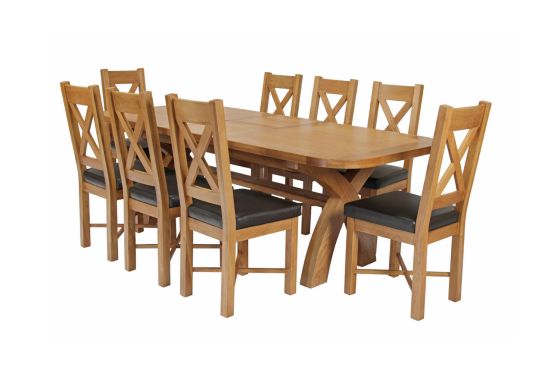Country Oak 280cm Extending Cross Leg Oval Table and 8 Grasmere Brown Leather Chairs - SPRING MEGA DEAL