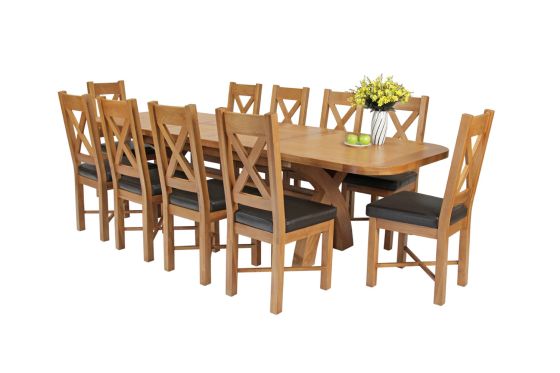 Country Oak 280cm Extending Cross Leg Oval Table and 10 Grasmere Brown Leather Chairs