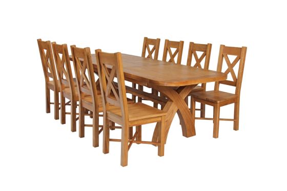 Country Oak 280cm Extending Cross Leg Oval Table and 8 Grasmere Timber Seat Chairs