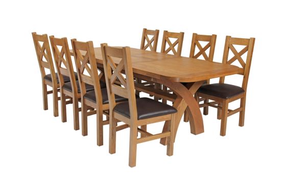 Country Oak 280cm Extending Cross Leg Oval Table and 8 Windermere Brown Leather Chairs