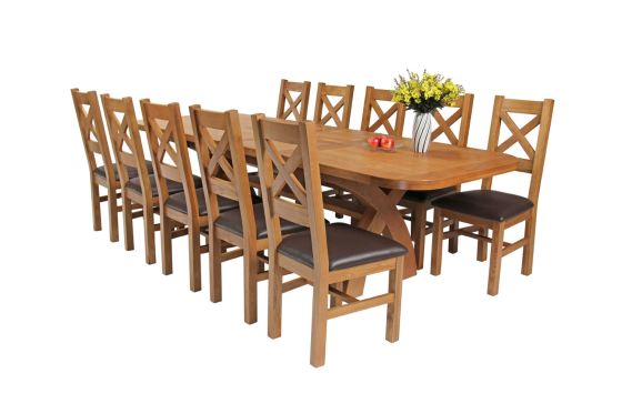 Country Oak 280cm Extending Cross Leg Oval Table and 10 Windermere Brown Leather Chairs
