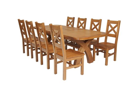 Country Oak 280cm Extending Cross Leg Oval Table and 8 Windermere Timber Seat Chairs
