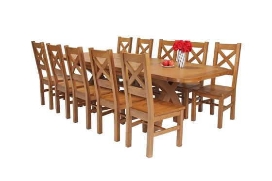 Country Oak 280cm Extending Cross Leg Oval Table and 10 Windermere Timber Seat Chairs