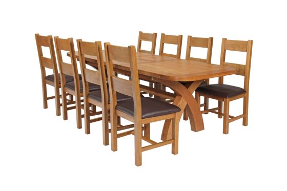 Country Oak 280cm Extending Cross Leg Oval Table and 8 Chester Brown Leather Chairs - SPRING MEGA DEAL