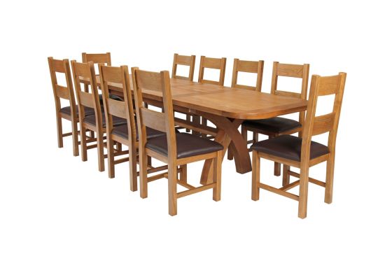 Country Oak 280cm Extending Cross Leg Oval Table and 10 Chester Brown Leather Chairs