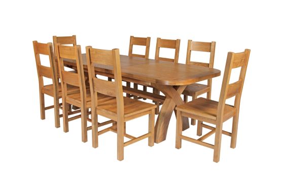 Country Oak 280cm Extending Cross Leg Oval Table and 8 Chester Timber Seat Chairs