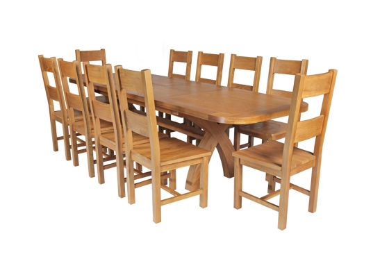 Country Oak 280cm Extending Cross Leg Oval Table and 10 Chester Timber Seat Chairs