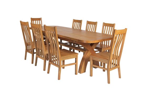 Country Oak 280cm Extending Cross Leg Oval Table and 8 Chelsea Timber Seat Chairs