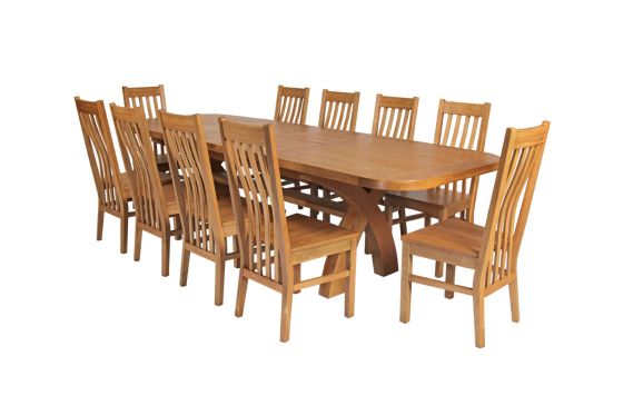 Country Oak 280cm Extending Cross Leg Oval Table and 10 Chelsea Timber Seat Chairs