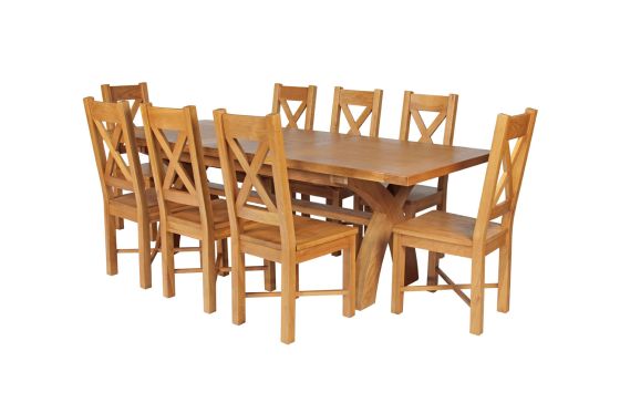 Country Oak 280cm Extending Cross Leg Square Table and 8 Grasmere Timber Seat Chairs