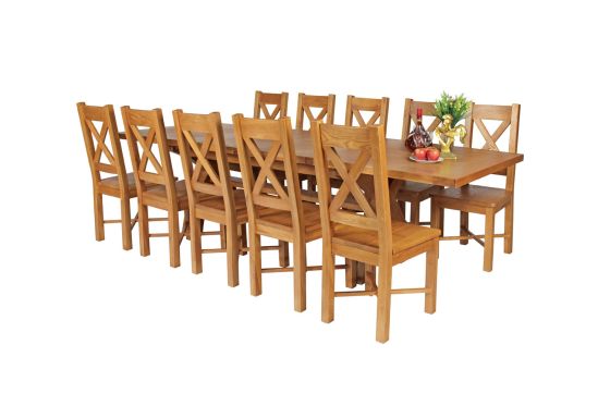 Country Oak 280cm Extending Cross Leg Square Table and 10 Grasmere Timber Seat Chairs