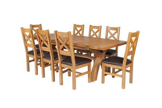 Country Oak 280cm Extending Cross Leg Square Table and 8 Windermere Brown Leather Chairs