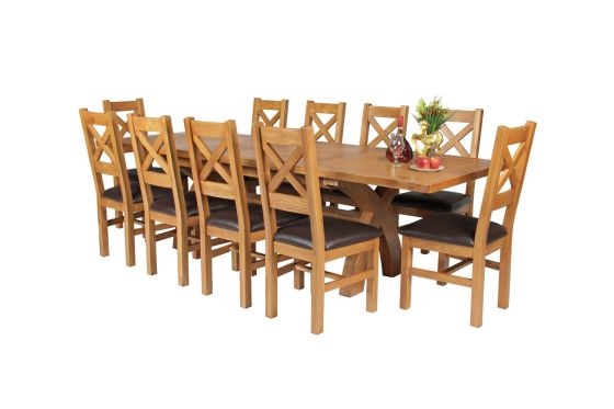 Country Oak 280cm Extending Cross Leg Square Table and 10 Windermere Brown Leather Chairs - SPRING SALE