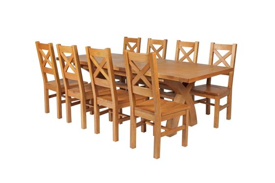 Country Oak 280cm Extending Cross Leg Square Table and 8 Windermere Timber Seat Chairs