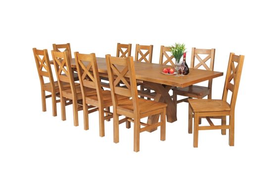 Country Oak 280cm Extending Cross Leg Square Table and 10 Windermere Timber Seat Chairs