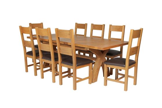 Country Oak 280cm Extending Cross Leg Square Table and 8 Chester Brown Leather Chairs