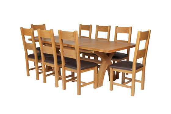 Country Oak 280cm Extending Cross Leg Square Table and 8 Chester Brown Leather Chairs