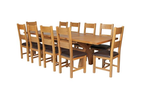 Country Oak 280cm Extending Cross Leg Square Table and 10 Chester Brown Leather Chairs - SPRING SALE