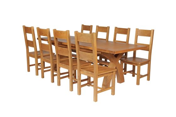 Country Oak 280cm Extending Cross Leg Square Table and 8 Chester Timber Seat Chairs