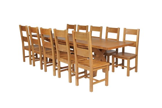 Country Oak 280cm Extending Cross Leg Square Table and 10 Chester Timber Seat Chairs