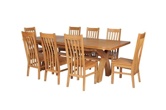Country Oak 280cm Extending Cross Leg Square Table and 8 Chelsea Timber Seat Chairs