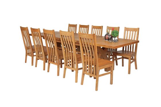 Country Oak 280cm Extending Cross Leg Square Table and 10 Chelsea Timber Seat Chairs
