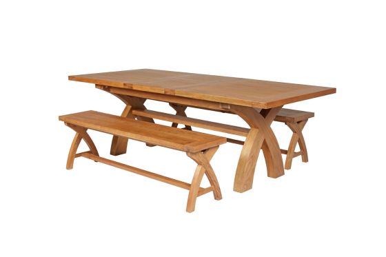 Country Oak 280cm Extending Cross Leg Table and 2 160cm Cross Leg Bench Set