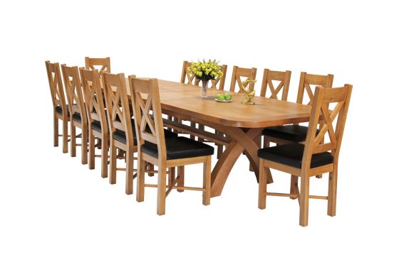 Country Oak 340cm Extending Cross Leg Oval Table and 12 Grasmere Brown Leather Chairs
