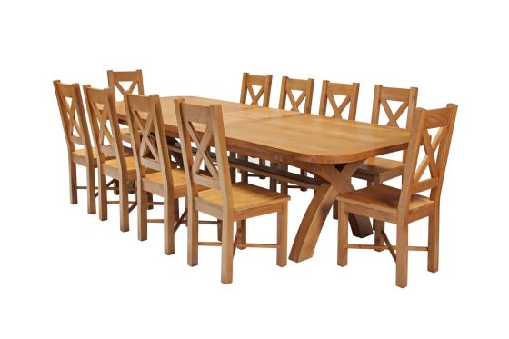 Country Oak 340cm Extending Cross Leg Oval Table and 10 Grasmere Timber Seat Chairs
