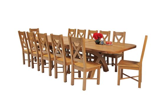 Country Oak 340cm Extending Cross Leg Oval Table and 12 Grasmere Timber Seat Chairs