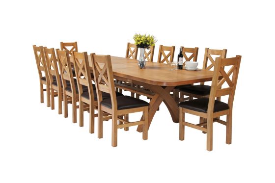 Country Oak 340cm Extending Cross Leg Oval Table and 12 Windermere Brown Leather Chairs
