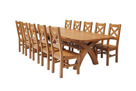 Country Oak 340cm Extending Cross Leg Oval Table and 10 Windermere Timber Seat Chairs