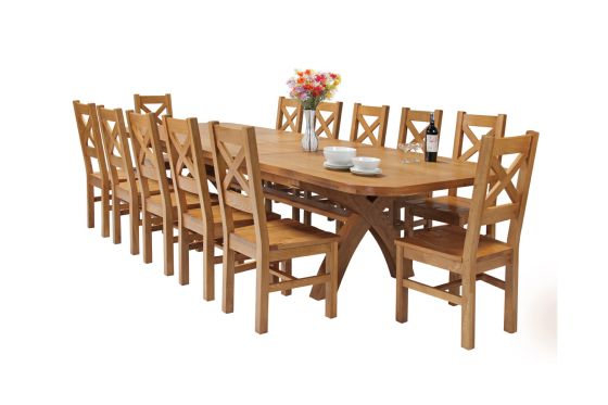 Country Oak 340cm Extending Cross Leg Oval Table and 12 Windermere Timber Seat Chairs
