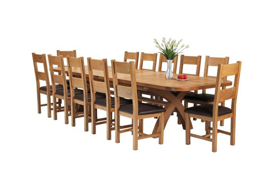 Country Oak 340cm Extending Cross Leg Oval Table and 12 Chester Brown Leather Chairs