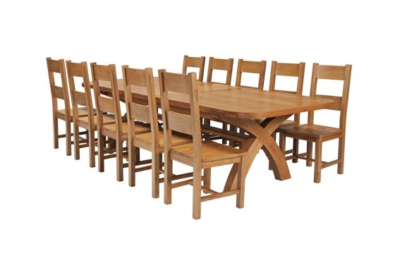 Country Oak 340cm Extending Cross Leg Oval Table and 10 Chester Timber Seat Chairs