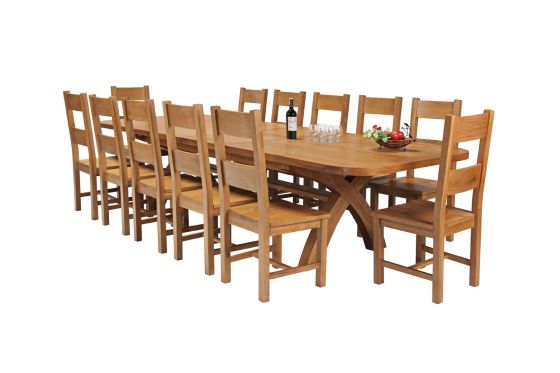 Country Oak 340cm Extending Cross Leg Oval Table and 12 Chester Timber Seat Chairs