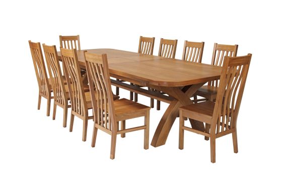 Country Oak 340cm Extending Cross Leg Oval Table and 10 Chelsea Timber Seat Chairs