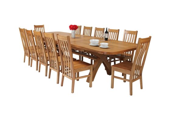 Country Oak 340cm Extending Cross Leg Oval Table and 12 Chelsea Timber Seat Chairs
