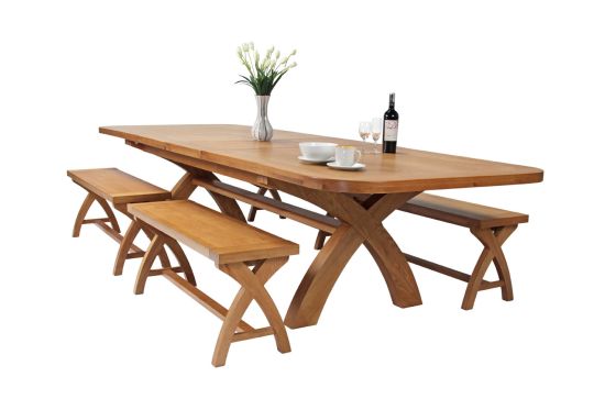 Country Oak 340cm Extending Cross Leg Oval Table 4 x 120cm Cross Leg Bench Set