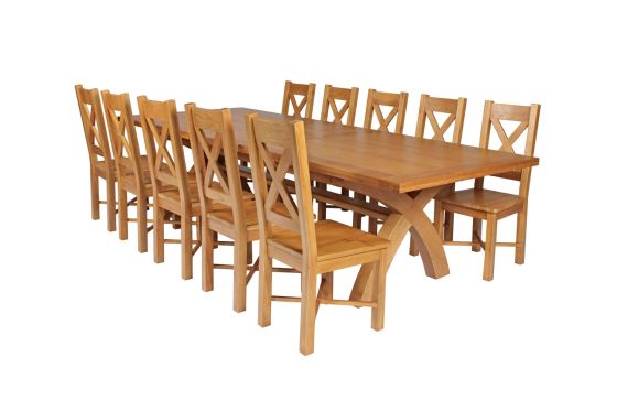 Country Oak 340cm Extending Cross Leg Square Table and 10 Grasmere Timber Seat Chairs