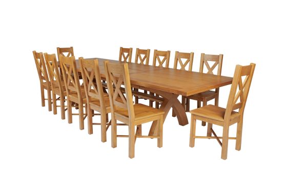 Country Oak 340cm Extending Cross Leg Square Table and 12 Grasmere Timber Seat Chairs
